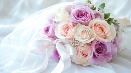 Obraz premium A romantic bouquet of pastel roses and peonies wrapped in soft ombre tissue paper, secured with a satin ribbon, on a clean background