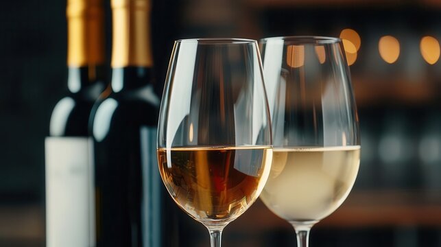 Wine glasses clinking in celebration, premium bottles in the background, elegant table decor enhancing the scene