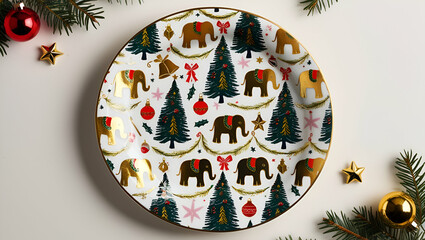 Fototapeta premium Christmas-themed porcelain plate, Anthropologie artistic style, golden elephant figures, holiday wands, magical stars, Christmas ornaments, Christmas bells, decorated pine trees, festive plate design,