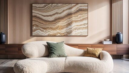 Generative AI, Modern living room close-up with cream boucle sofa, abstract wall art, and organic textures, emphasizing minimalist elegance and natural light