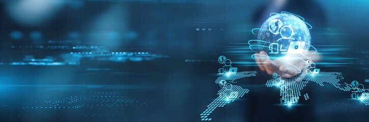 Hand holding with global network connection, illustrating remote work technology, digital collaboration, cloud computing, online communication, cybersecurity, and AI integration, representing 