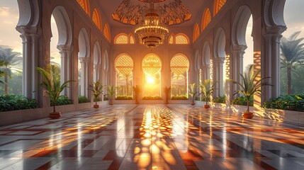 Obraz premium Sunset Illumination in Elegant Moorish Palace Hallway