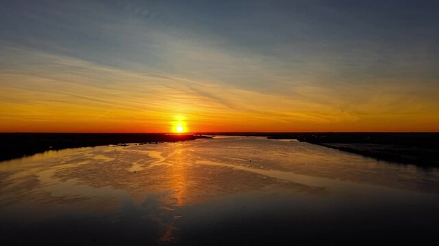 Aerial View of a Fire Sky Sunset over Delaware River