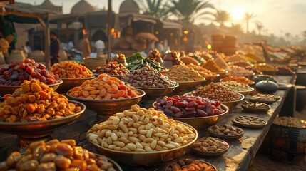 Obraz premium Exotic Middle Eastern Market Dates, Nuts, Spices, Golden Bowls, Sunset Glow