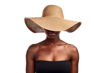 Woman with sun hat isolated on white background, cutout