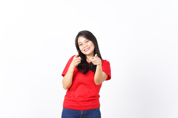 Smiling and Pointing at You or camera, I want you gesture Of Beautiful Asian Woman wearing red shirt Isolated On White Background