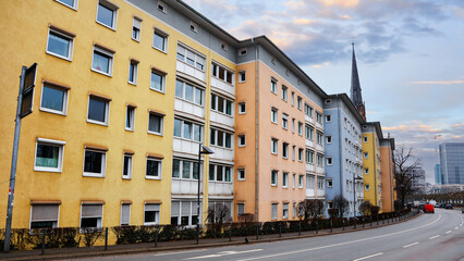 Colorful tall apartment homes along the street in Frankfurt, Germany
