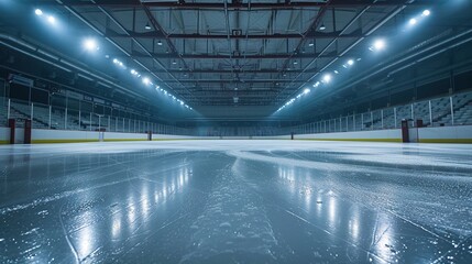 Empty futuristic industrial hall with reflective floors and lights