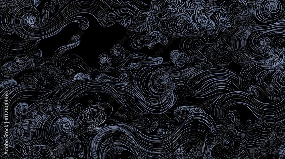 Poster surreal black background with ethereal wisps of swirling patterns in artistic style
