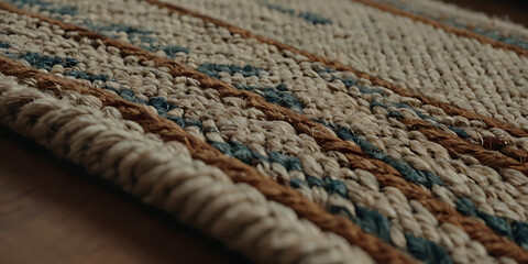 A close-up of a simple woven carpet with earthy geometric patterns, highlighting its texture in soft natural light.