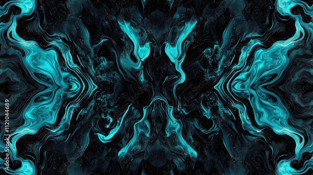 Poster ethereal surreal black background with wisps of turquoise abstract patterns and textures