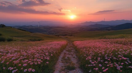 Obraz premium Serene Sunset Over Rolling Hills with Blooming Pink Flowers Illuminated by Soft Evening Light in a Tranquil Landscape