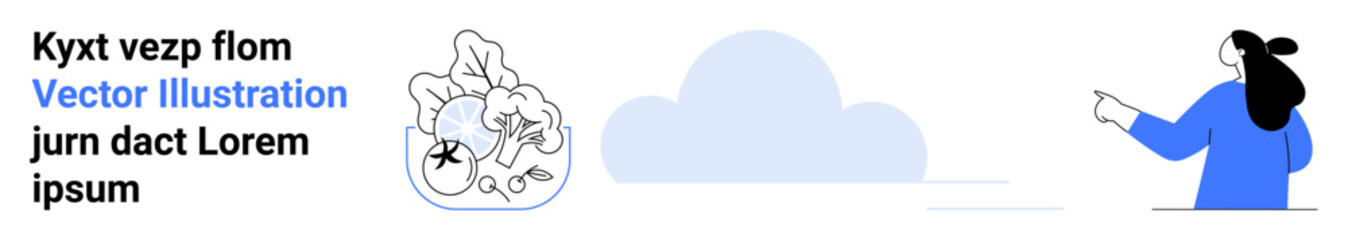 Woman in blue shirt points at a cloud, text block on left, plant in pot, clean design. Ideal for technology, cloud computing, data management, education, web development, presentations, advertising