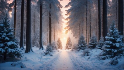 Naklejka premium Christmas Trees Light Winter Pathway Glow