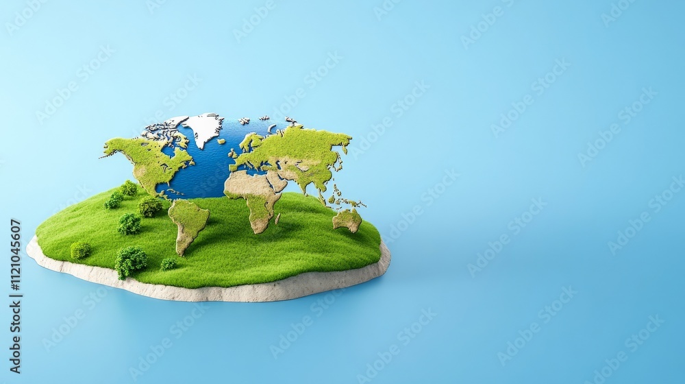 Poster global connection: a 3d rendering of the world map on a lush green island against a blue background,