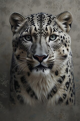 Naklejka premium A luxurious snow leopard print in soft gray and white tones with subtle black rosettes, designed on a plain background.