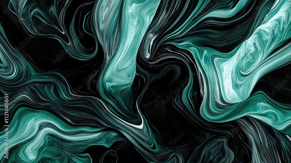 Poster abstract visual of flowing mint green and black swirls in a dynamic pattern