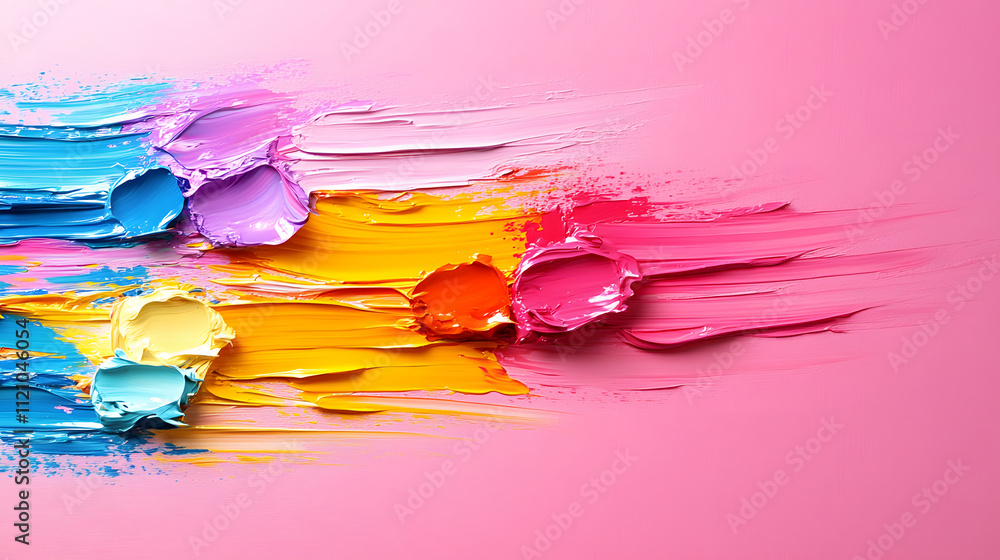 Poster a vibrant display of colorful paint strokes on a pink background, showcasing creativity and artistic