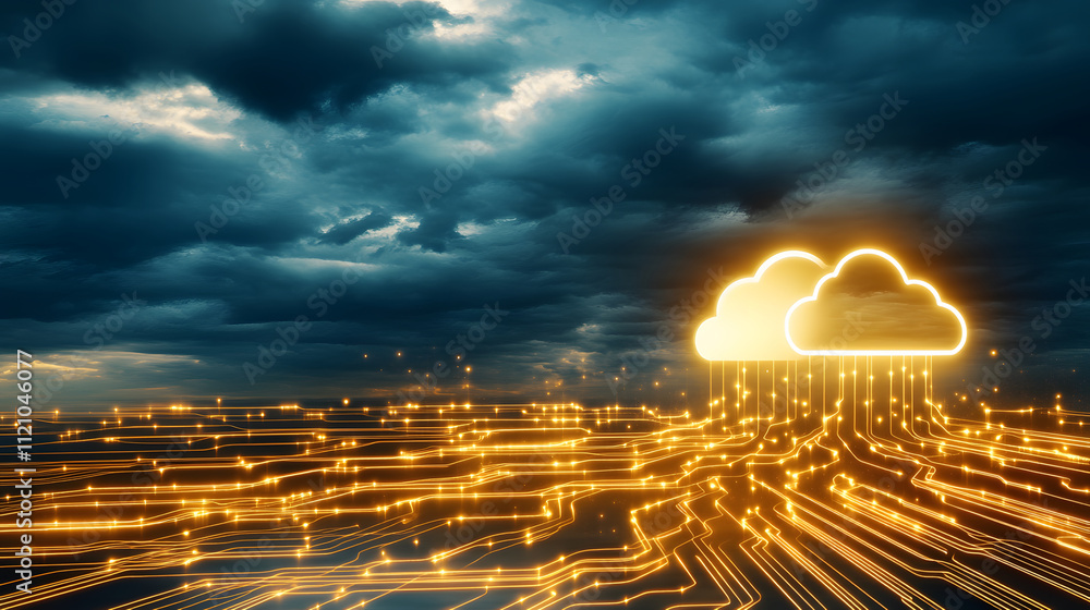 Poster a digital representation of clouds emitting golden light against a dark, stormy sky, symbolizing dat