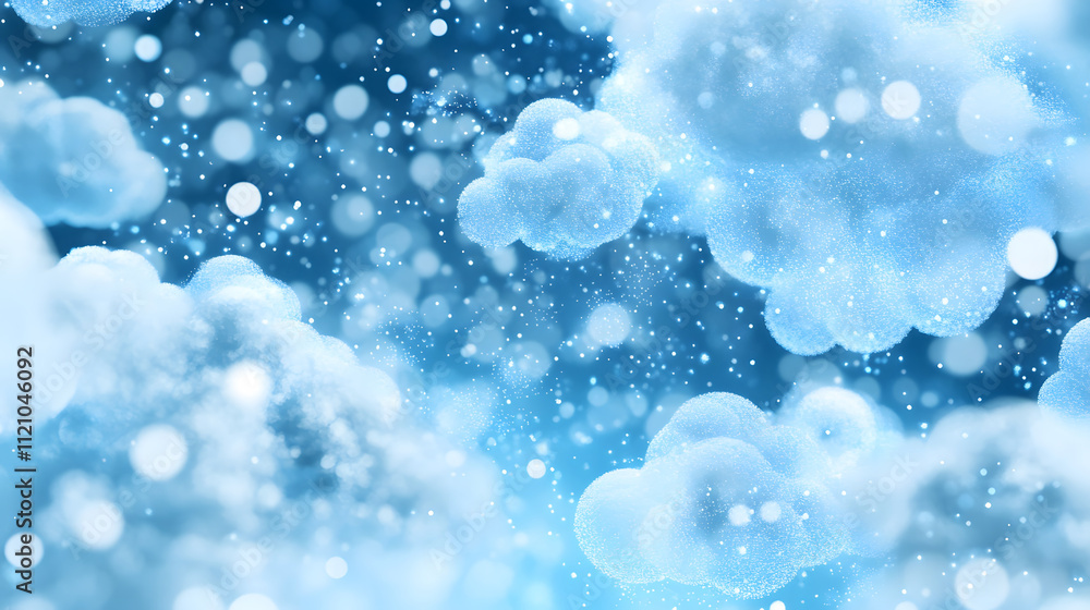 Poster A serene, dreamy sky filled with soft clouds and shimmering light effects, creating a tranquil atmosphere
