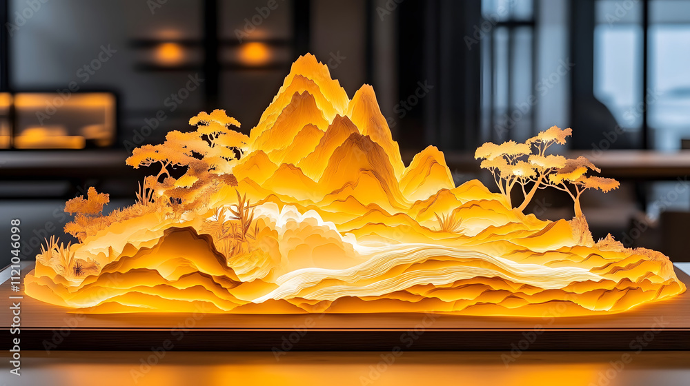 Poster a stunning layered paper art piece depicting mountains and trees, illuminated with golden light, cre