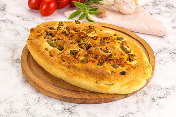 Homemade ciabatta bread with olives