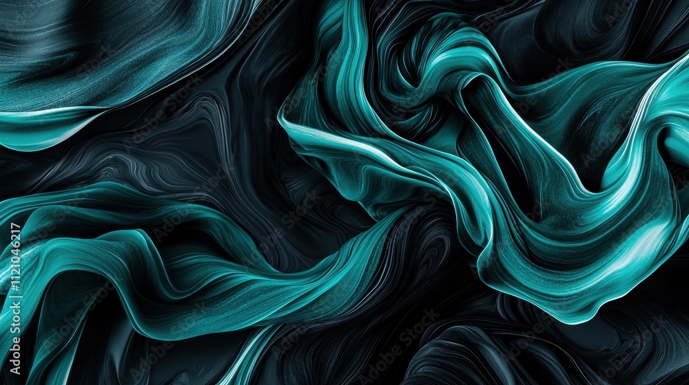 Poster abstract flowing turquoise and black visual with smooth textures and dynamic shapes