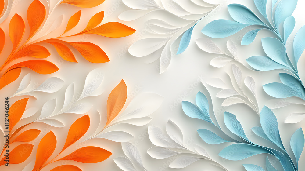 Poster a vibrant paper art design featuring orange and blue leafy patterns on a light background, creating 