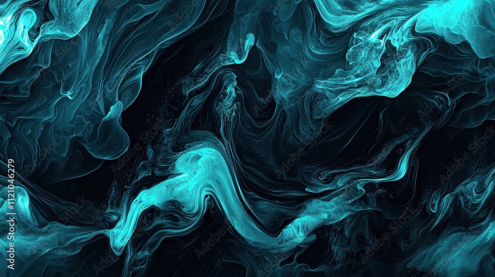 Poster abstract flowing turquoise and black visual with smooth texture and fluid patterns
