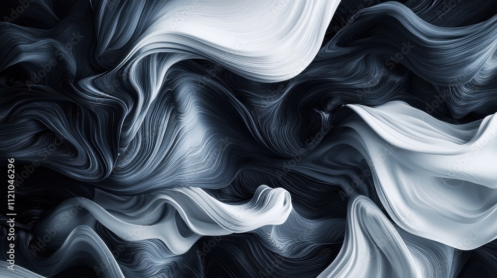 Poster abstract flowing visual of white and charcoal smoke patterns in dynamic swirls and strands