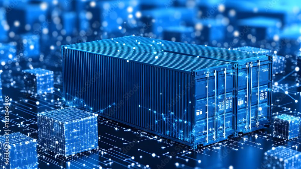 Poster A digital rendering of a shipping container amidst a network of glowing data points, symbolizing technology and logistics in a connected world