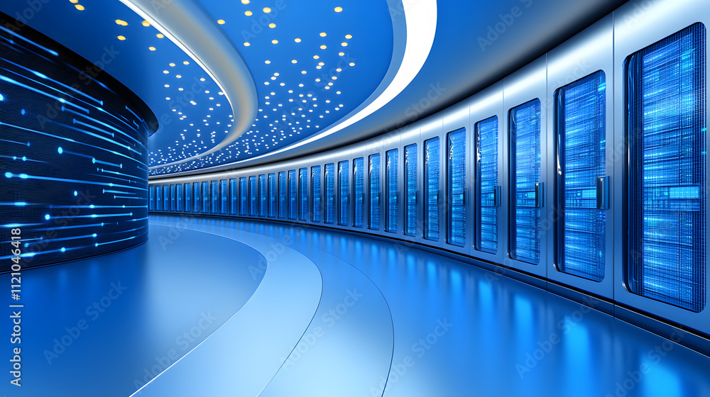 Poster a sleek, futuristic data center featuring blue-lit server racks and a curved design, showcasing adva