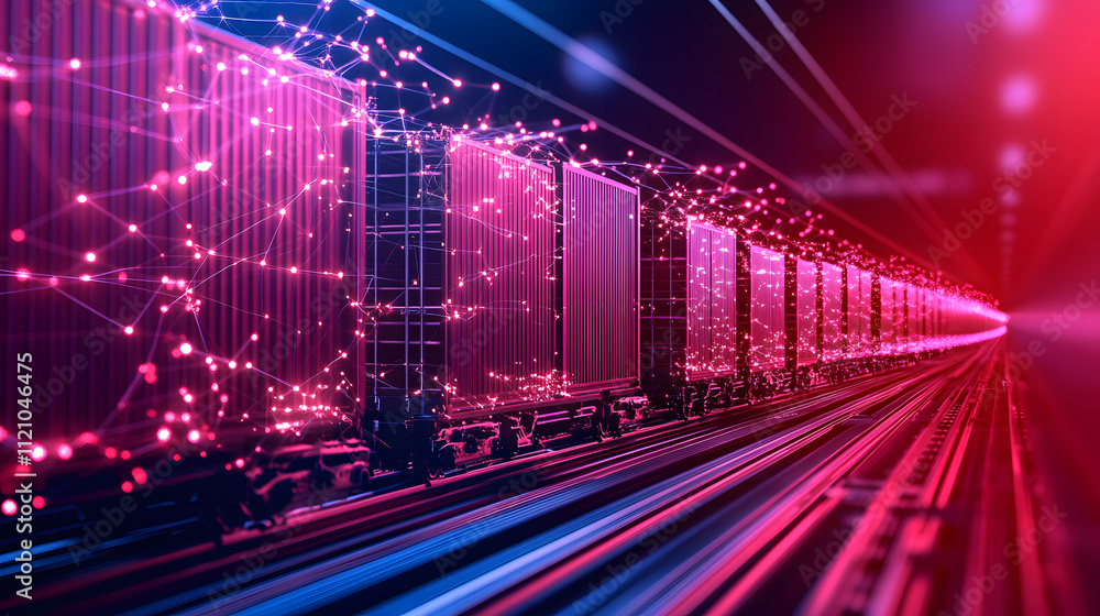Poster A futuristic view of a digital railway with colorful containers, illuminated by vibrant lights, suggesting movement and technological advancement