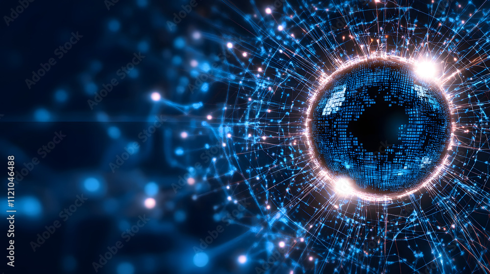 Poster A digital representation of a globe surrounded by glowing data points, symbolizing global connectivity and technology