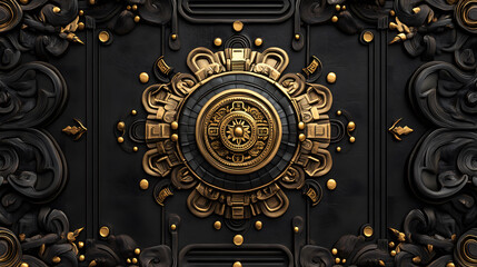 Obraz premium A detailed, ornate design featuring a gold emblem surrounded by intricate black patterns, showcasing a blend of elegance and craftsmanship
