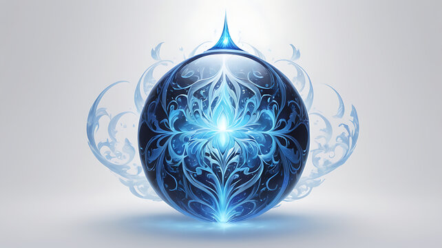 A glowing blue magic orb with swirling patterns inside, floating on a plain white background.