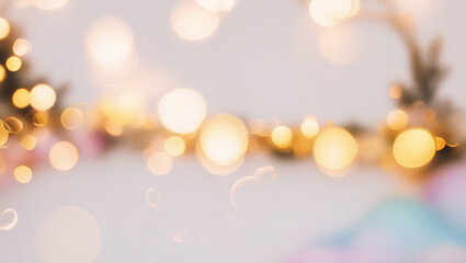 Yellow bokeh effect on a light background. Bokeh background from a garland. Abstract Blurred Christmas Lights Bokeh Background
