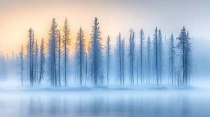 Misty sunrise over a serene winter lake, tall slender pines stand in the fog.