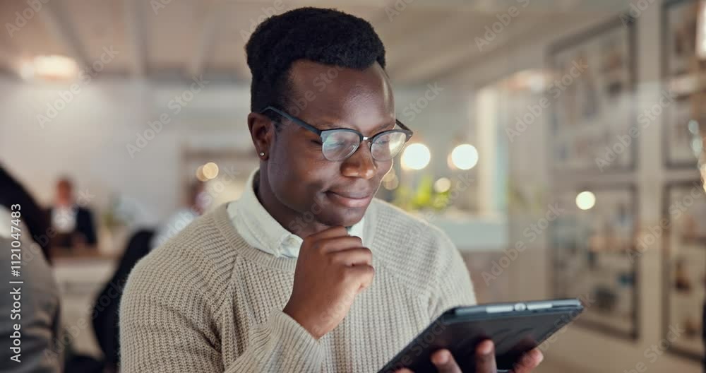 Fototapete Businessman, tablet and thinking in office with research, ideas and problem solving for creative project. Designer, late working and networking with technology for night planning or brainstorming