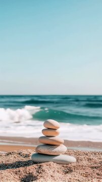 Balanced stones on sandy beach with horizon view, vertical footage