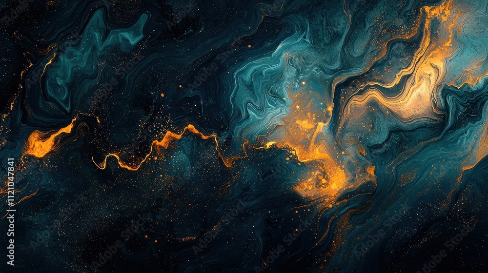 Poster ethereal dark background with glowing gradients of blue and orange in abstract style