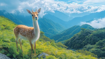 Serene Scene of a Graceful Deer Standing on a Lush Mountainside with Majestic Mountains and Cloudy Sky in the Background, Capturing the Beauty of Nature