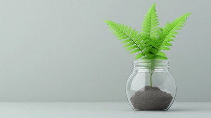 Minimalist Fern in Glass Jar: A simple and elegant image of a fern plant in a glass jar against a minimalist backdrop. Perfect for creating a peaceful and serene atmosphere.