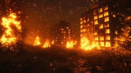 Fototapeta premium Fiery inferno engulfs buildings, sparks fly. Illustrates destruction, disaster, or apocalypse.