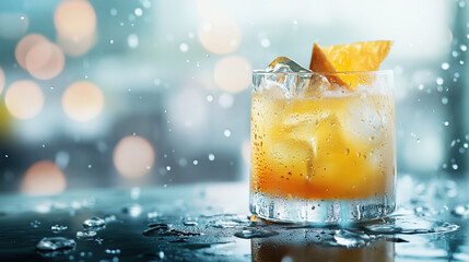 Chilled cocktail with orange slice and ice cubes in a frosty glass on a glimmering surface