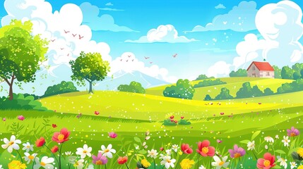 Naklejka premium Vibrant green countryside with farmhouse and daisies under the sun