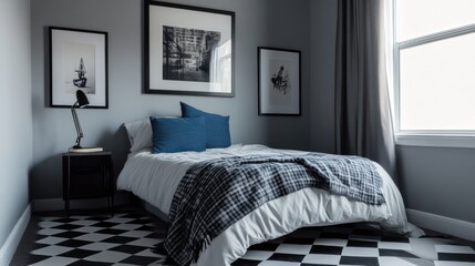 Modern bedroom with gray walls, checkered floor, and blue pillows.