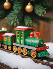 Close-up view of a Christmas toy train on tracks which is the center piece of the Christmas decoration next to a Christmas tree