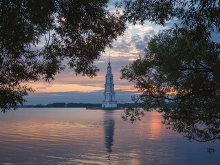 Stunning sunrise over the bell tower on the island, Kalyazin.