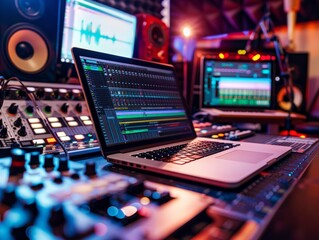 Music Production Studio with Laptop and Mixing Console
